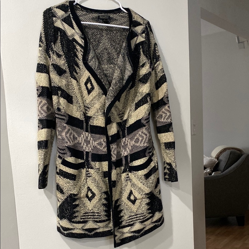 Lucky Brand Geometric Black and Cream Cardigan Sweater
